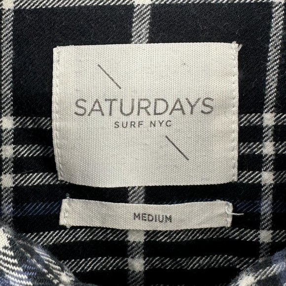 Saturdays NYC Black White Blue Plaid Button Up Flannel Overshirt Shirt sz M - Picture 4 of 6